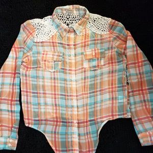 Plaid sheer button-down